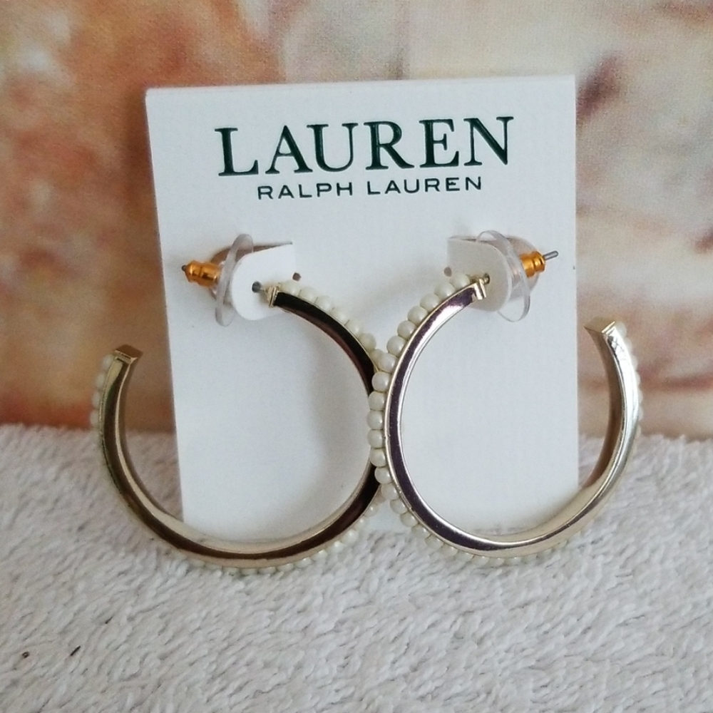 New Ralph Lauren Faux Pearl Hoop Earrings